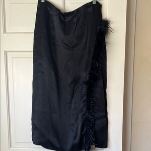 Black Feather-Trim Satin Midi Skirt